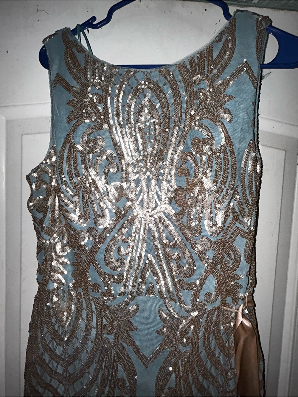 R&M Richards Teal Evening Sheath with Gold Sequin Embellishment - Picture 4 of 5